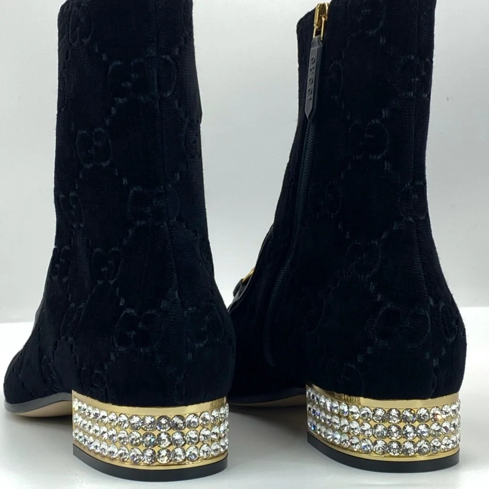 Gucci horsebit GG black velvet crystal heel ankle - Picture 5 of 12